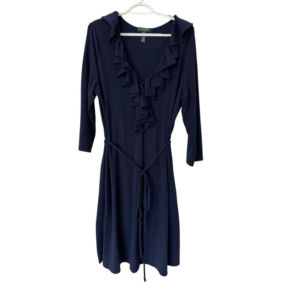 Lauren Ralph Lauren Navy‎ Blue Ruffle Neck Long Sleeve Dress Size XL